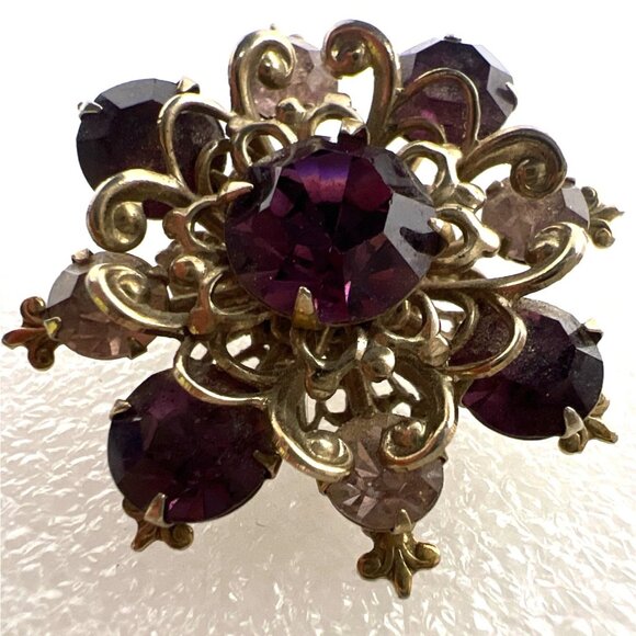 Vintage Purple Lavender Brooch Rhinestone Filigree Fleur-de-Lis Victorian Reviva - Picture 12 of 13
